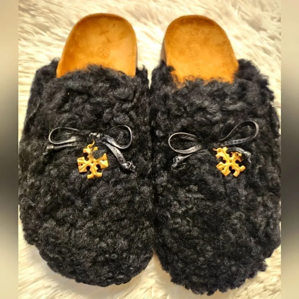 Tory Burch Charm Mammouth Shearling Mules Shoes Perfect Black Size 6